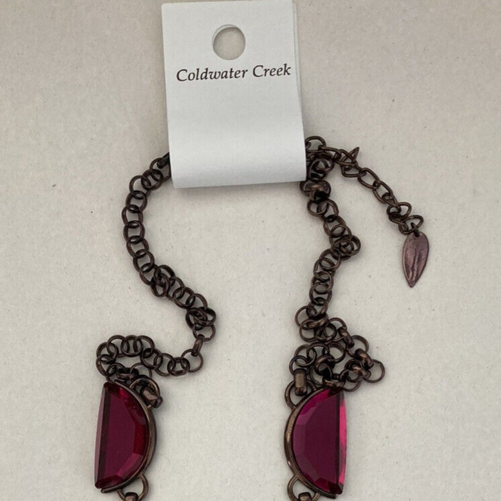 COLDWATER CREEK Mod/Contemporary Half Moon Bronze Fuchsia Crystal Necklace**NEW! - Picture 2 of 4